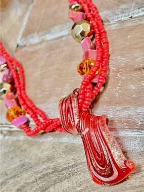 Handcrafted Artisan Beaded Coral Red Necklace w Lampwork Glass Pendant